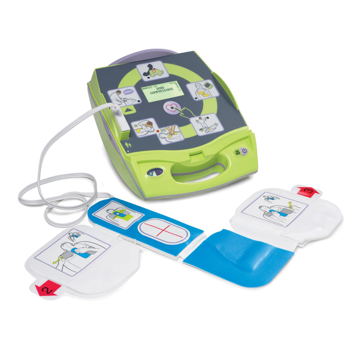 ZOLL AED Plus with CPR-D-padz electrodes unfolded beside the device