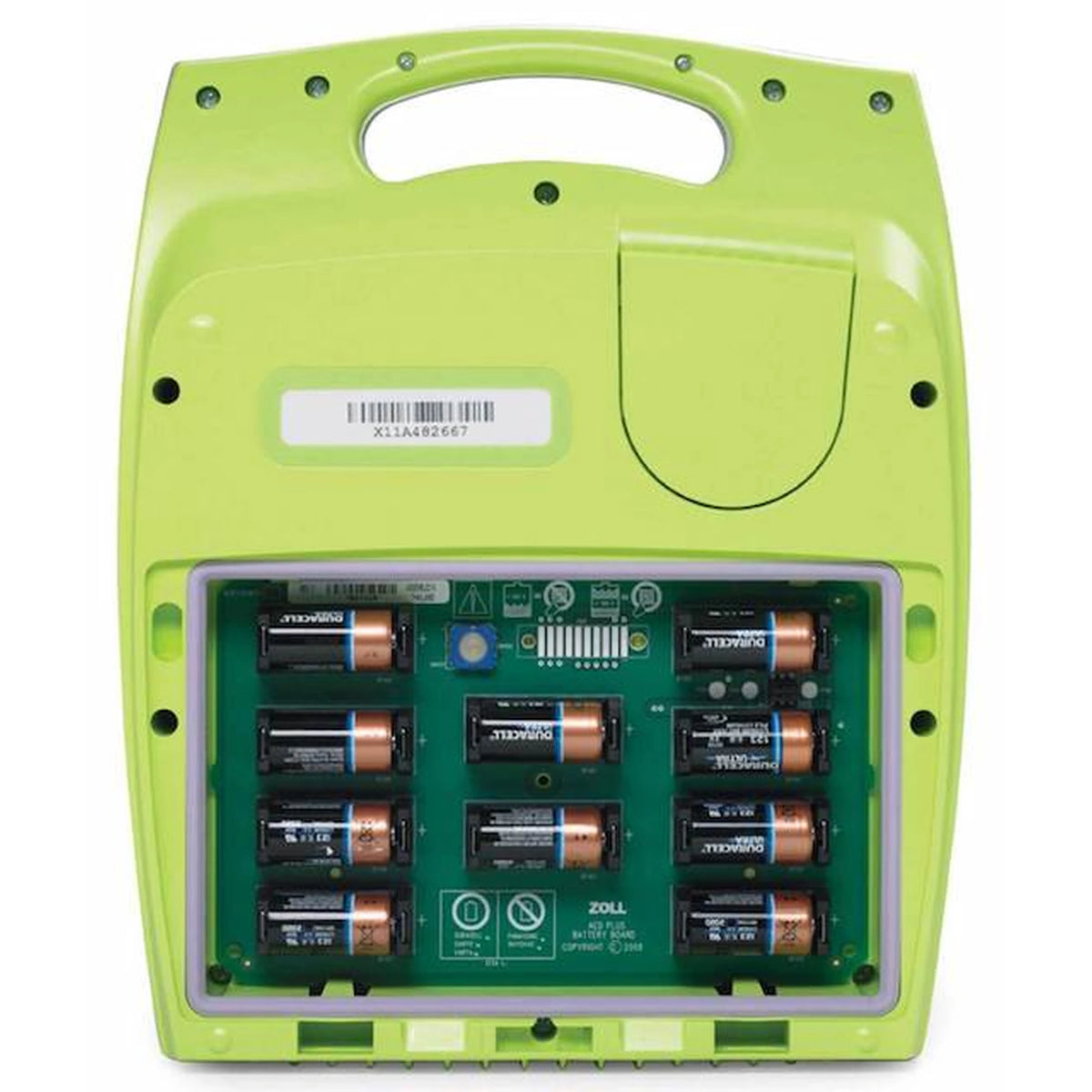 ZOLL AED Plus battery compartment open showing ten installed batteries