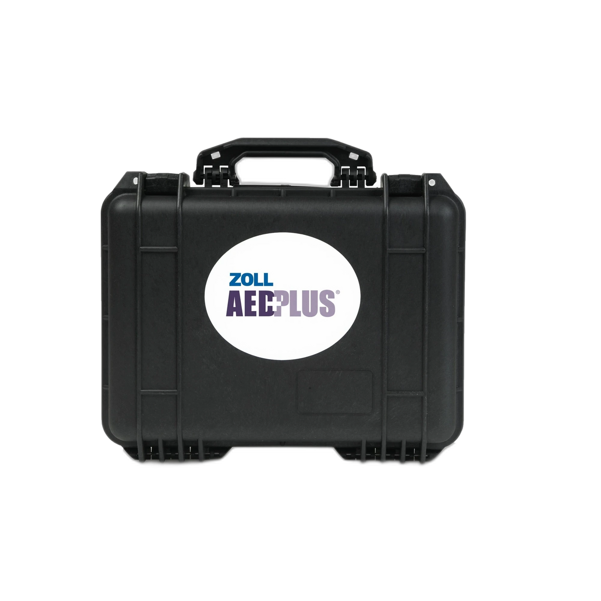 ZOLL AED Plus large hard shell carry case, black waterproof case with ZOLL AED Plus label, closed
