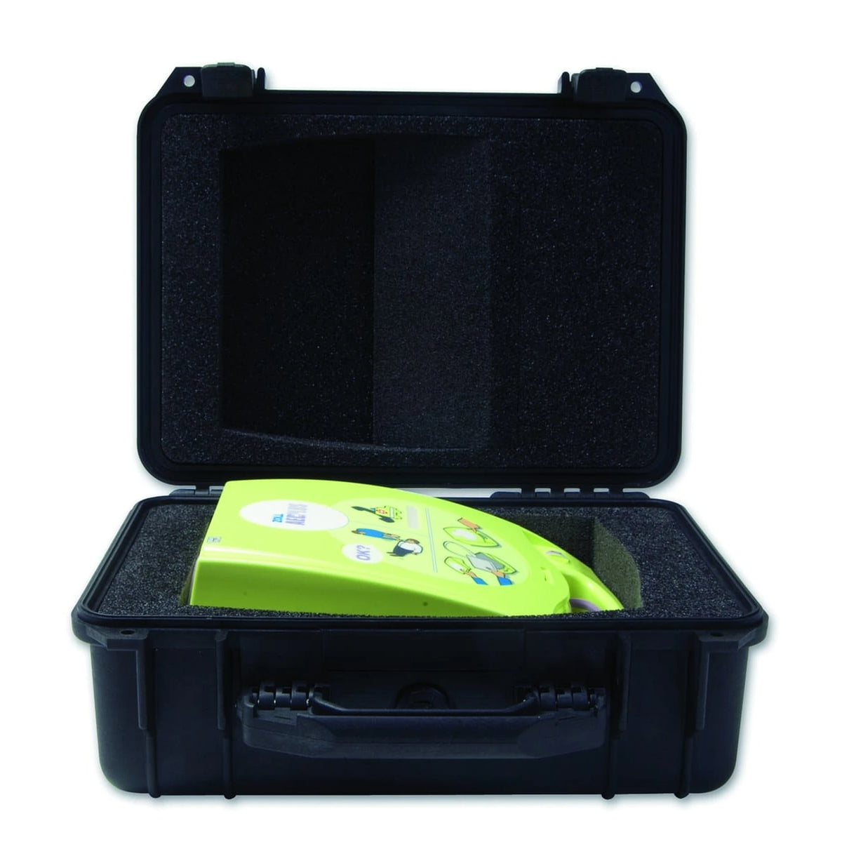 ZOLL AED Plus large hard shell carry case, open with foam lining and a ZOLL AED Plus inside