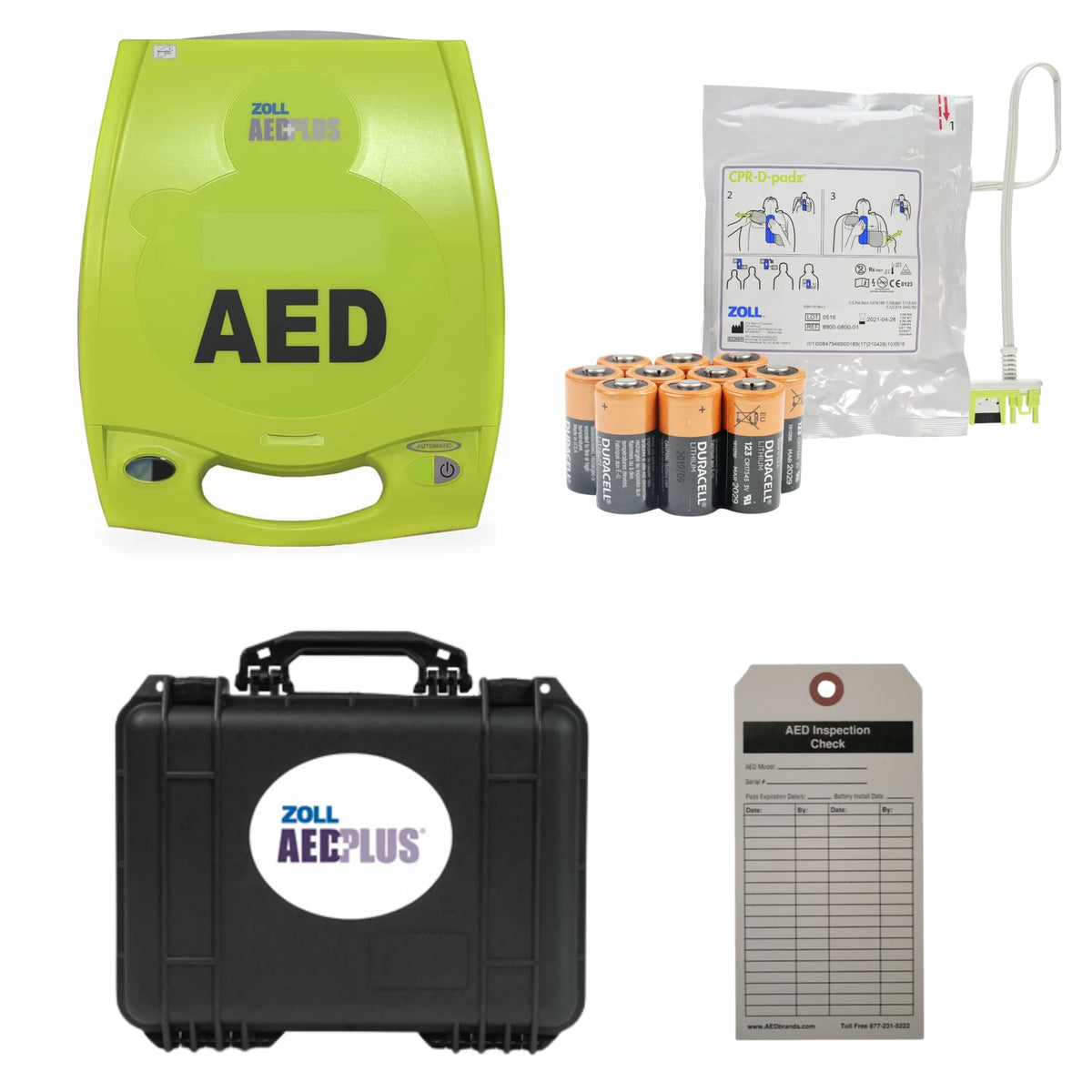 ZOLL AED Plus value package contents grid: lime green AED Plus defibrillator, CPR-D-padz electrode pads, ten Duracell 123 lithium batteries, black hard carrying case, and AED inspection tag