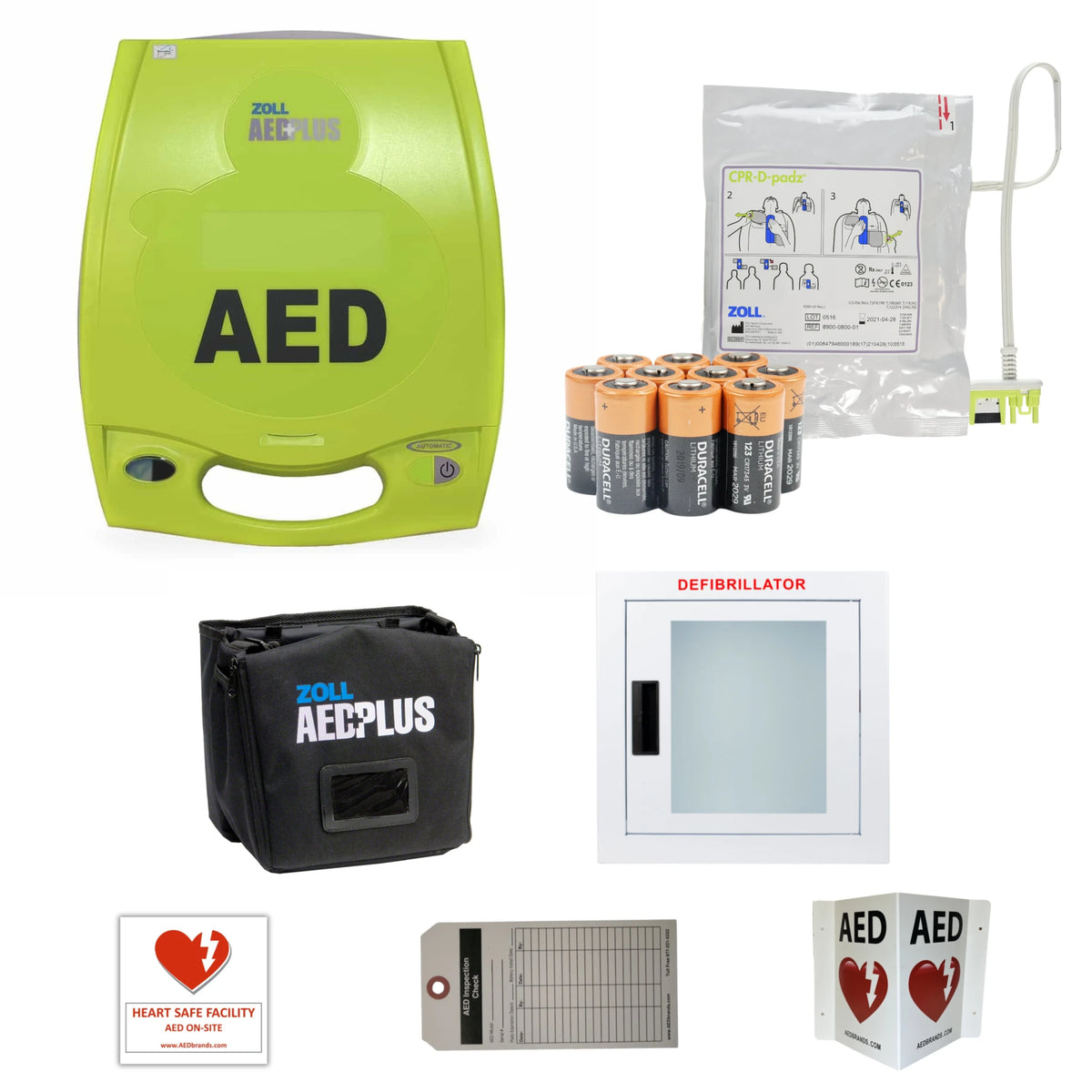 ZOLL AED Plus value package contents grid: lime green AED Plus defibrillator, CPR-D-padz electrode pads, ten Duracell 123 lithium batteries, black carrying case, wall cabinet, inspection tag, and AED wall sign