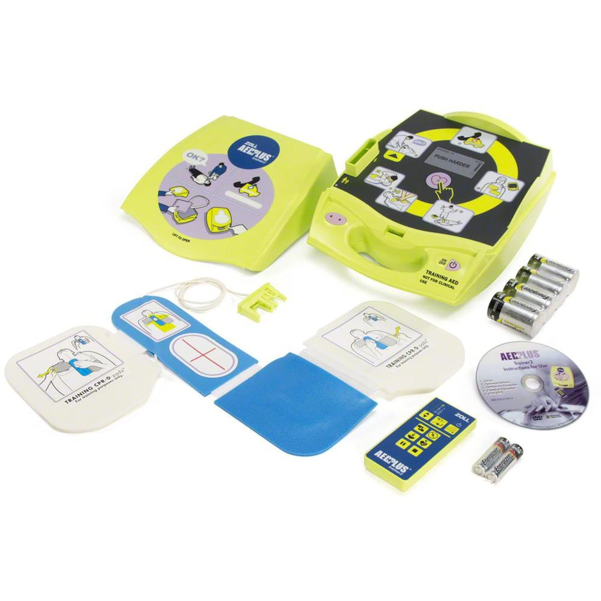 ZOLL AED Plus Trainer II open with training CPR-D-padz electrode pads, remote, batteries, and instructional DVD