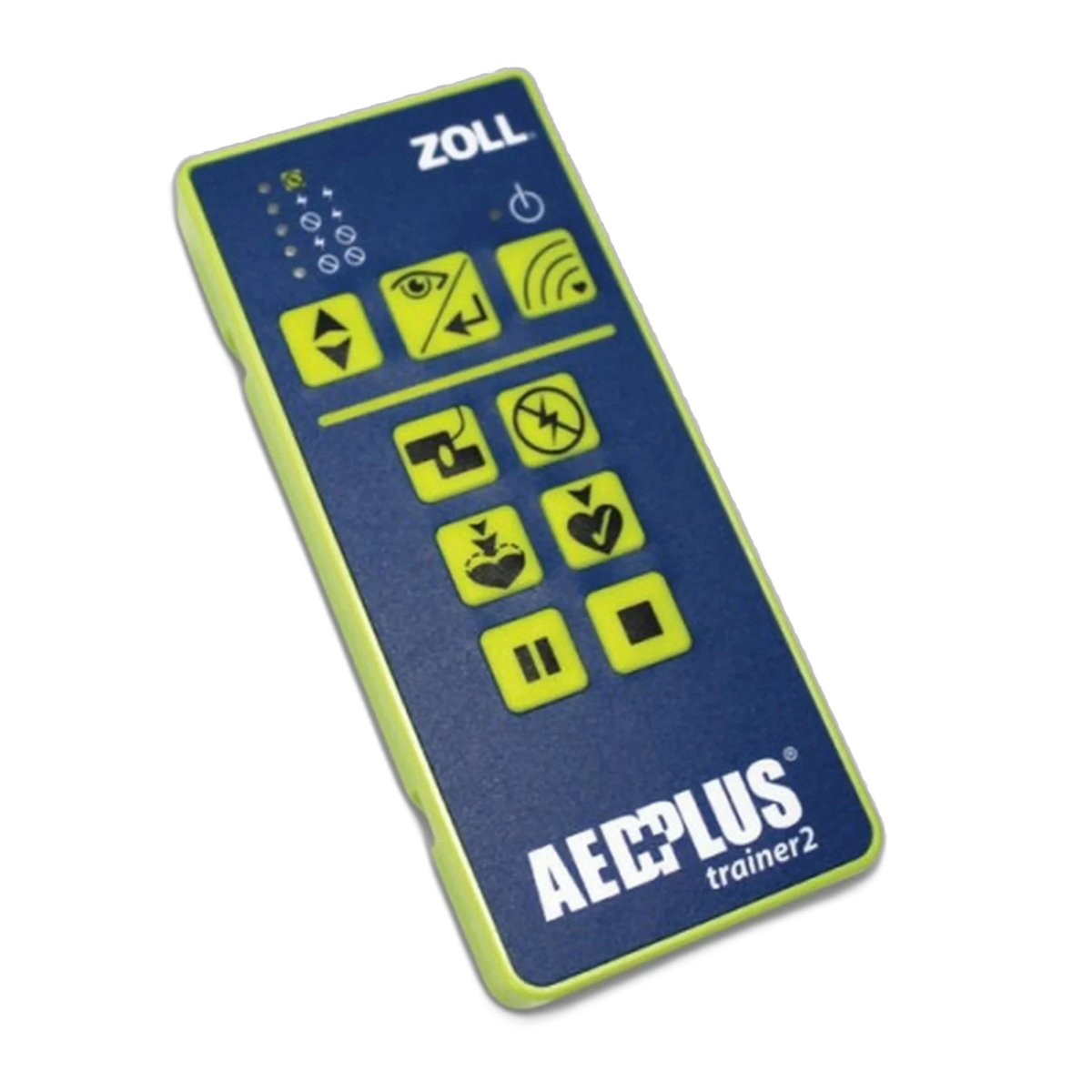 ZOLL AED Plus Trainer II wireless remote control, angled view showing the scenario buttons