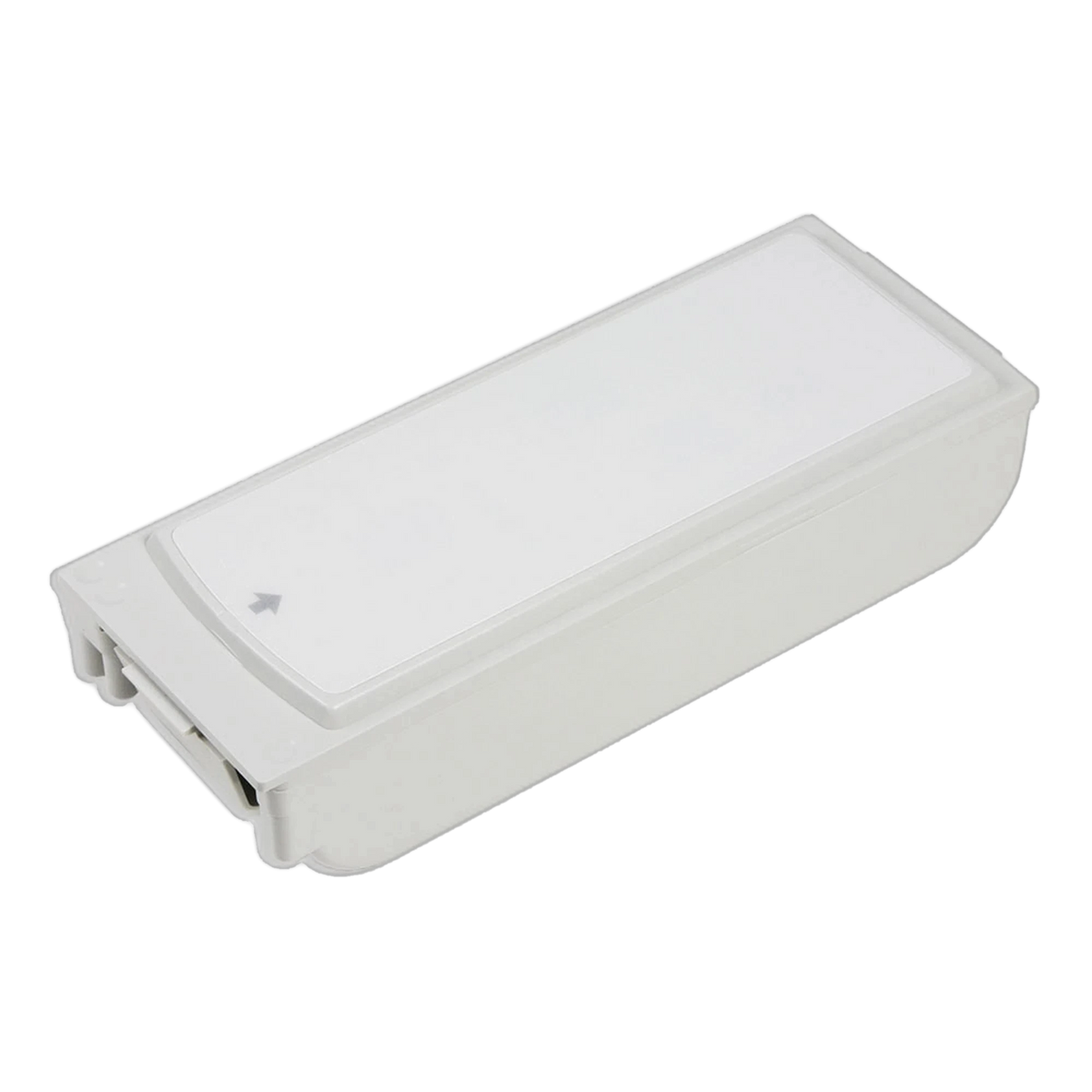 Blank white rectangular battery pack with a molded arrow marking and no visible brand label, angled view
