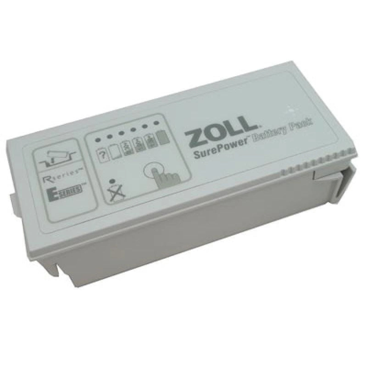 Zoll SurePower rechargeable battery pack, angled view showing the R Series/E Series compatibility icons, charge-level indicator lights and press-to-test button