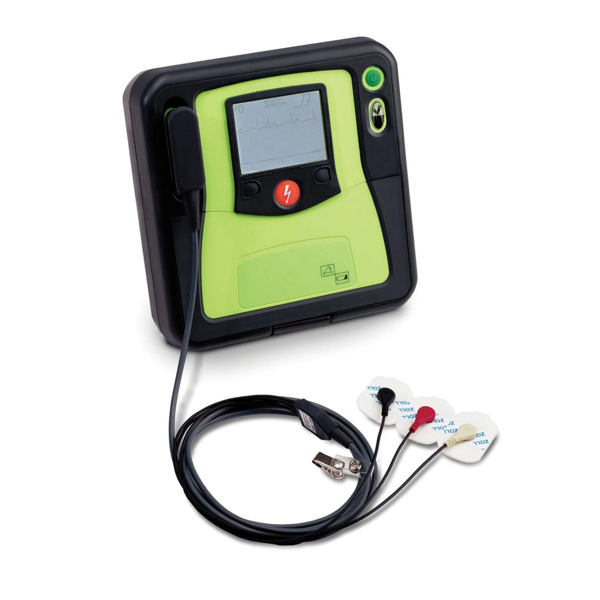 ZOLL AED Pro defibrillator with the 3-lead ECG cable and adhesive electrodes attached