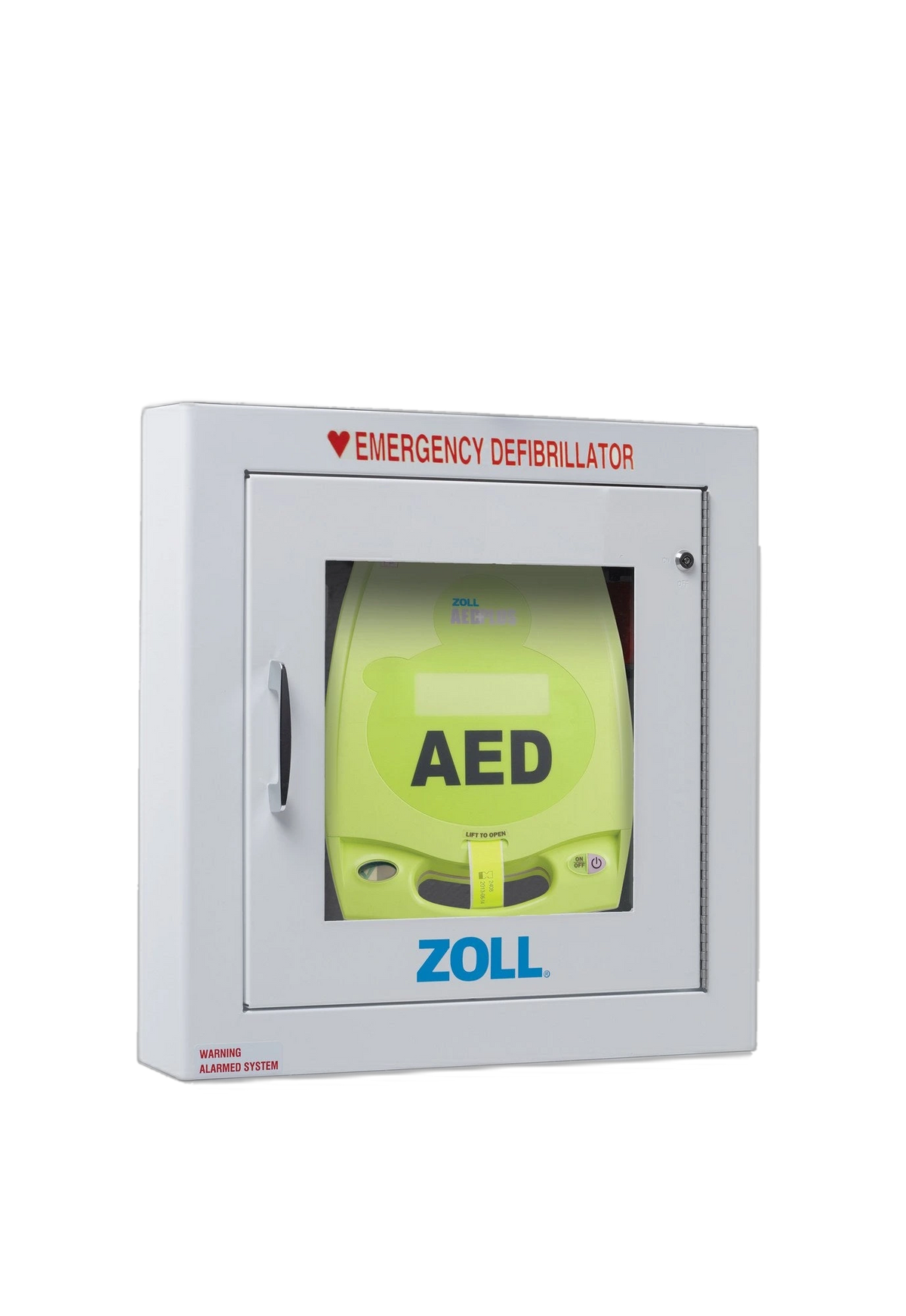 ZOLL brand AED wall cabinet, surface mount, white cabinet with EMERGENCY DEFIBRILLATOR lettering and a ZOLL AED Plus inside