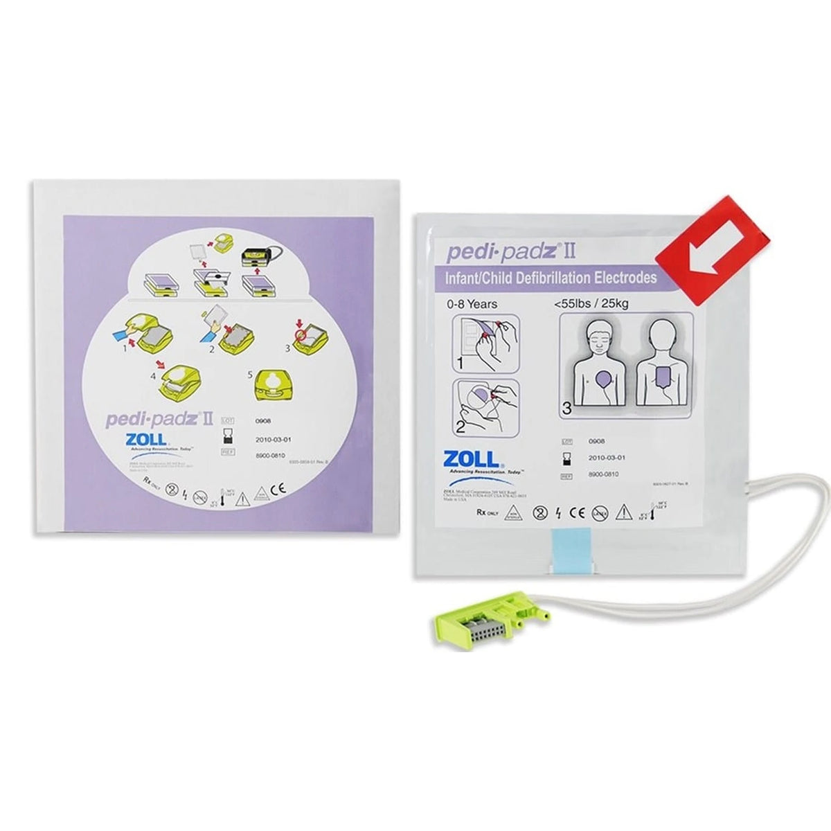 Zoll Pedi-padz II Infant/Child Defibrillation Electrodes package, sealed foil pouch labeled "0-8 Years, <55lbs / 25kg" with numbered application instructions and a green connector