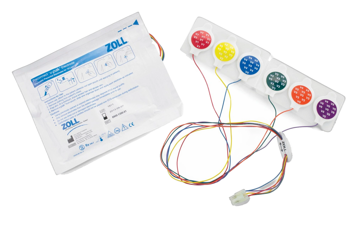 ZOLL V-Pak preconnected V-lead electrodes with six colored electrodes and package