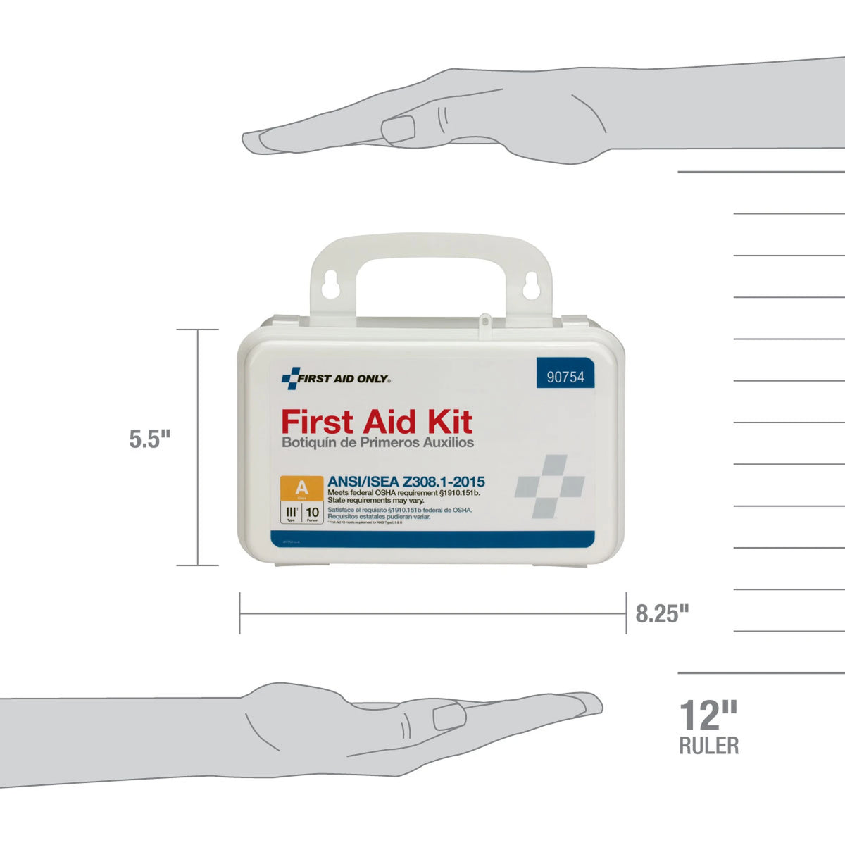 First Aid Only 10 Person First Aid Kit case shown with dimension callouts of 5.5 inches height and 8.25 inches width against a 12 inch ruler and hand outlines for scale