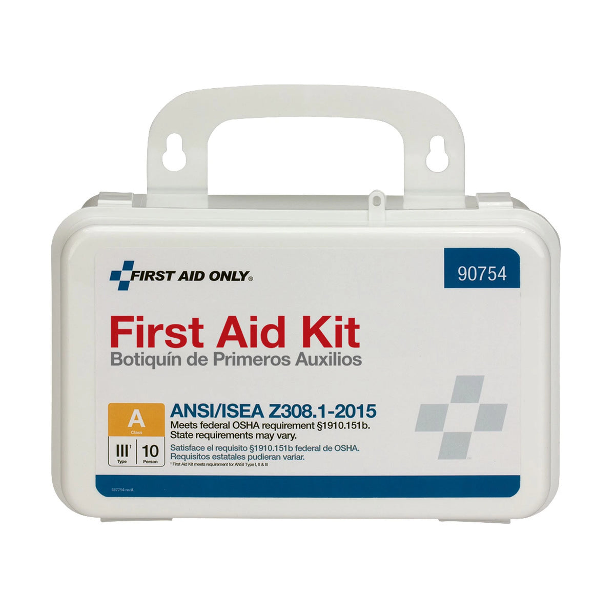 First Aid Only 10 Person First Aid Kit, closed white plastic case front label with ANSI/ISEA Z308.1-2015 Class A, Type III, 10 Person badge