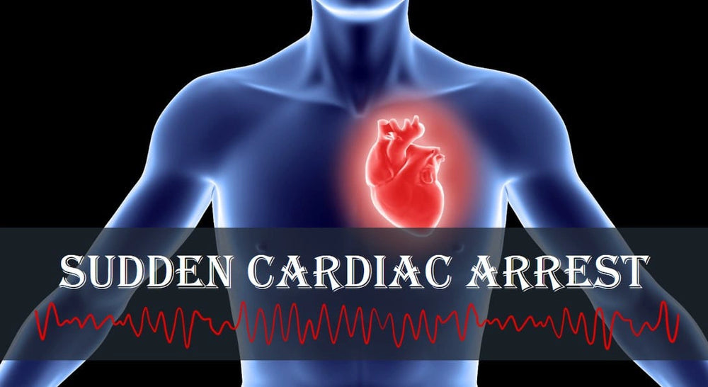 Illustration of a glowing red heart inside a translucent human torso with an EKG line, labeled Sudden Cardiac Arrest