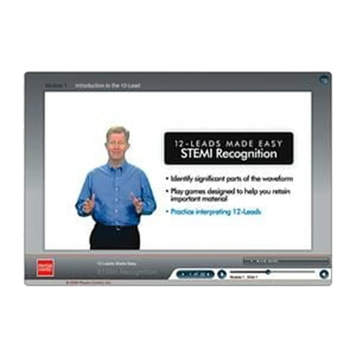 12-Leads Made Easy training program screen showing an instructor beside a STEMI Recognition slide