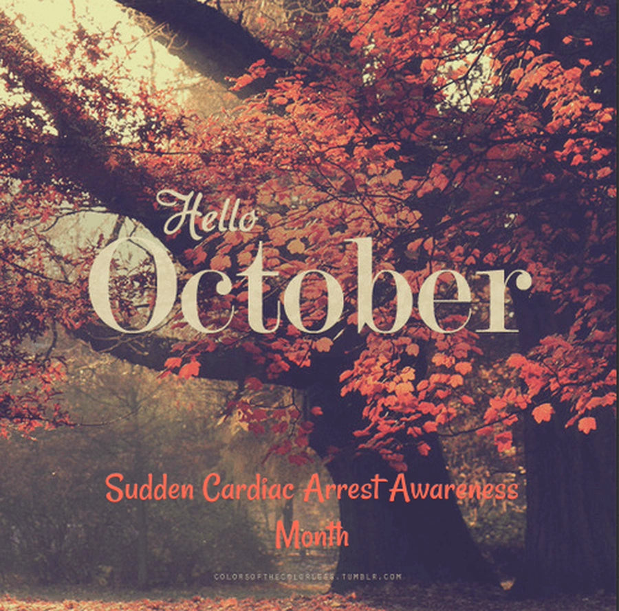 Autumn tree with red leaves and Hello October text announcing Sudden Cardiac Arrest Awareness Month