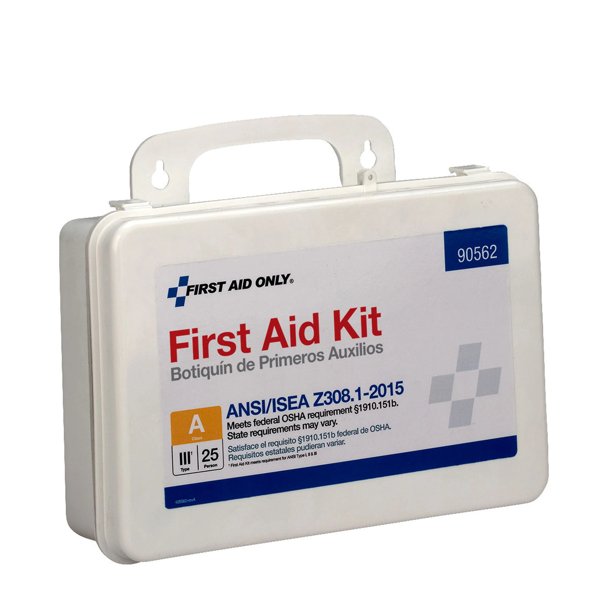First Aid Only First Aid Kit case number 90562, angled three-quarter view showing the handle and front label with ANSI/ISEA Z308.1-2015 Class A, Type III, 25 Person badge