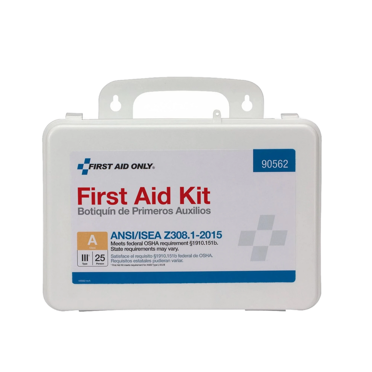 First Aid Only First Aid Kit, closed white plastic case front label numbered 90562 with ANSI/ISEA Z308.1-2015 Class A, Type III, 25 Person badge