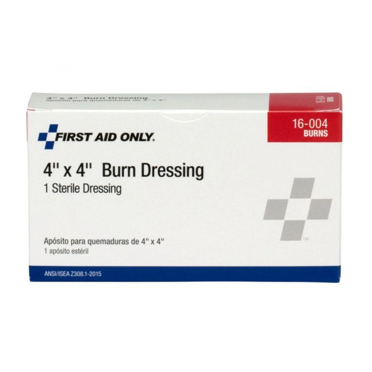 First Aid Only 4 inch by 4 inch Burn Dressing box, front label reading "1 Sterile Dressing," item 16-004