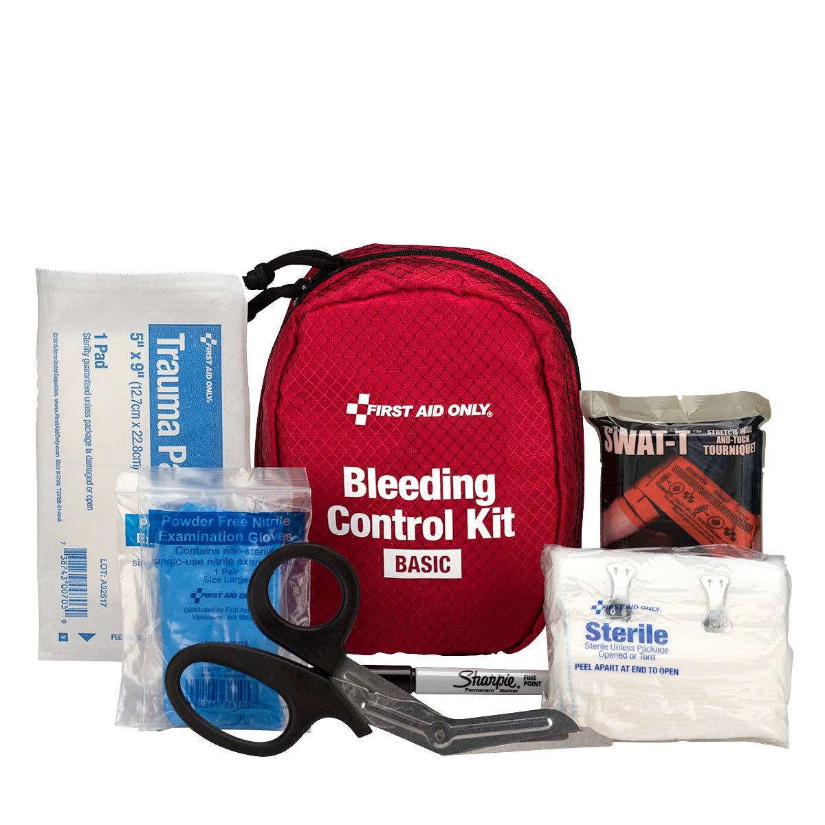 First Aid Only Bleeding Control Kit with tourniquet, gauze, gloves, and trauma shears laid out