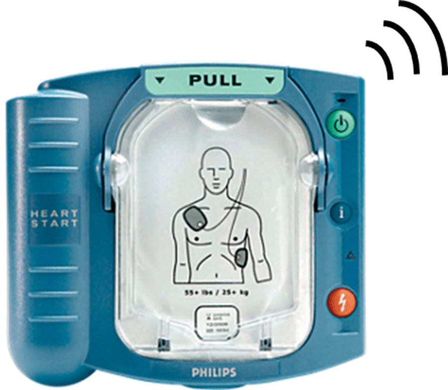 Illustration of a Philips HeartStart AED device showing the pull tab and shock button