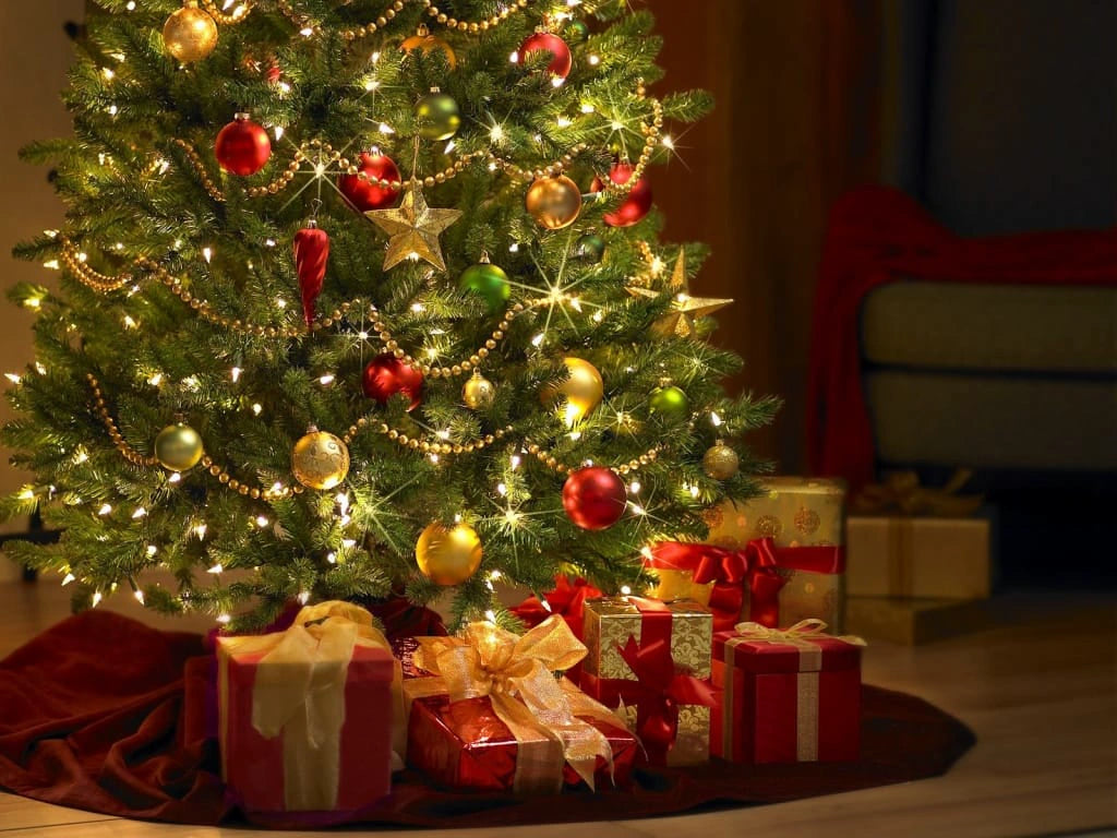 Decorated Christmas tree with lights and wrapped presents underneath