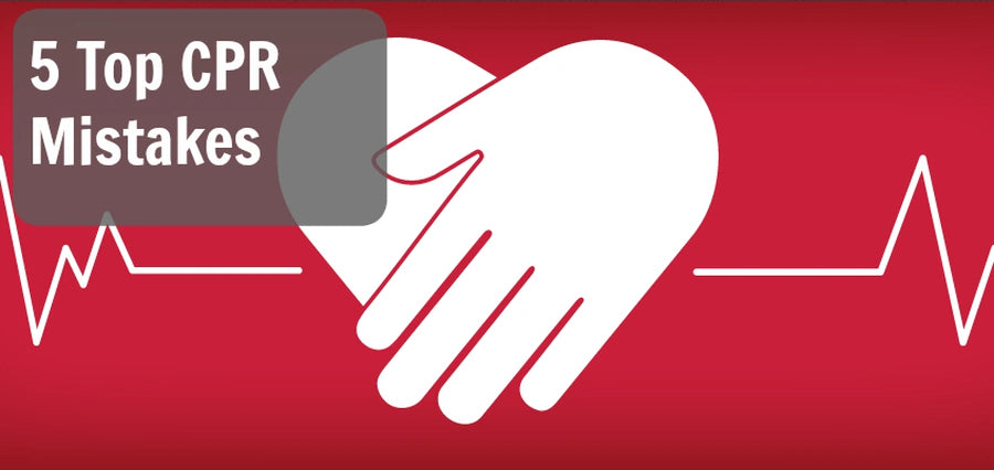 Graphic of white hands forming a heart shape over an EKG line on a red background with 5 Top CPR Mistakes text