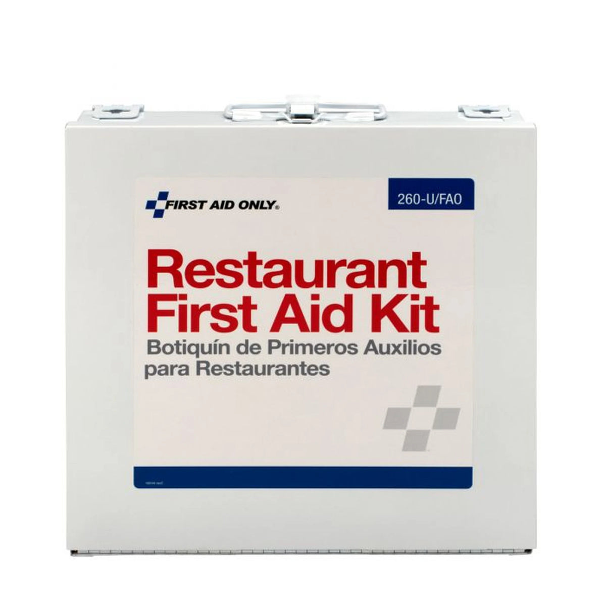 First Aid Only Restaurant First Aid Kit metal cabinet, closed front view, white metal case labeled 260-U/FAO with red "Restaurant First Aid Kit" text