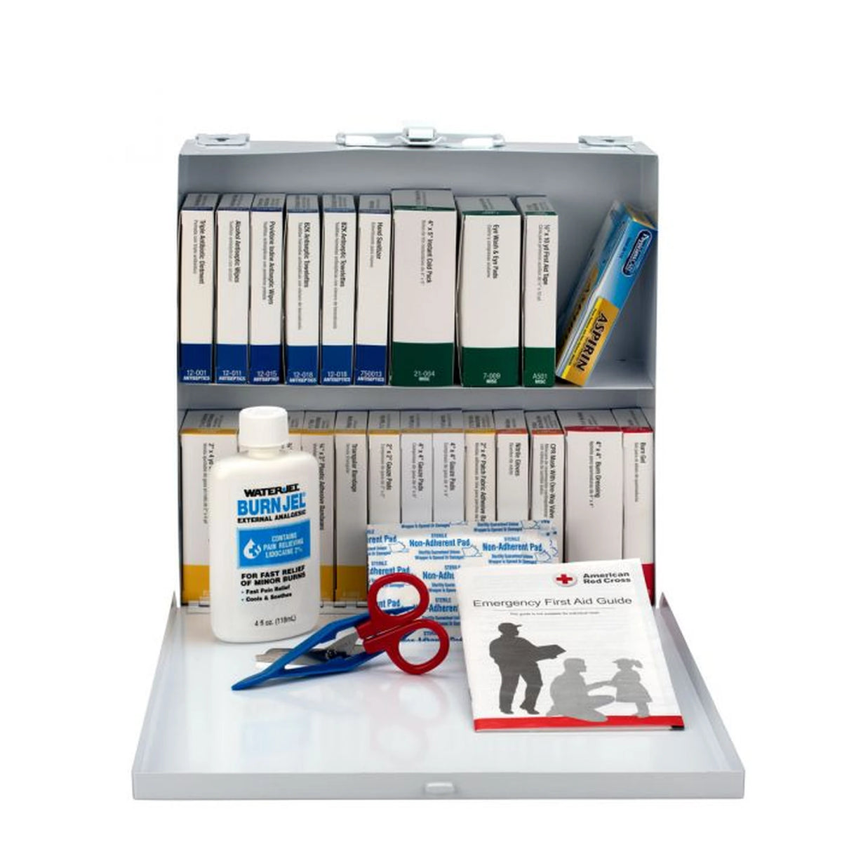 Open First Aid Only Restaurant First Aid Kit metal cabinet interior showing two shelves of labeled first aid supply boxes, a Water Jel Burn Jel bottle, scissors, tweezers and an Emergency First Aid Guide