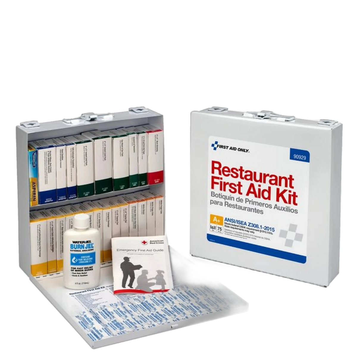 Two First Aid Only Restaurant First Aid Kit metal cabinets side by side, one open showing rows of labeled first aid boxes, Water Jel Burn Jel bottle and Emergency First Aid Guide, the other closed showing the front label numbered 90929 with ANSI/ISEA Z308.1-2015 Class A+, 75 Person badge