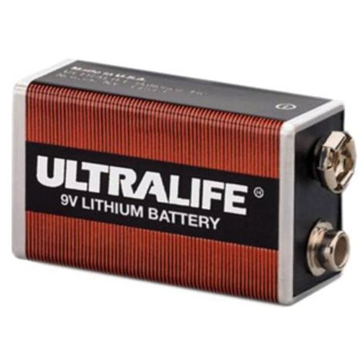 Ultralife 9V Lithium Battery, angled view showing the red-striped label and snap terminals on the top edge