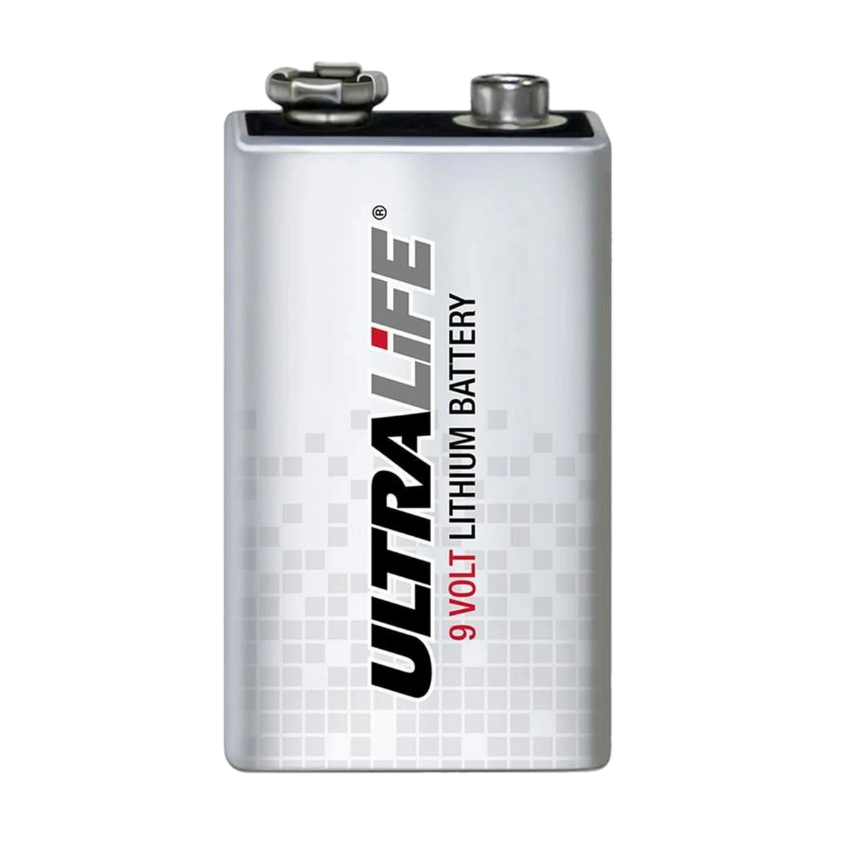 Ultralife 9 Volt Lithium Battery, silver rectangular battery with UltraLife branding, front view showing the snap terminals