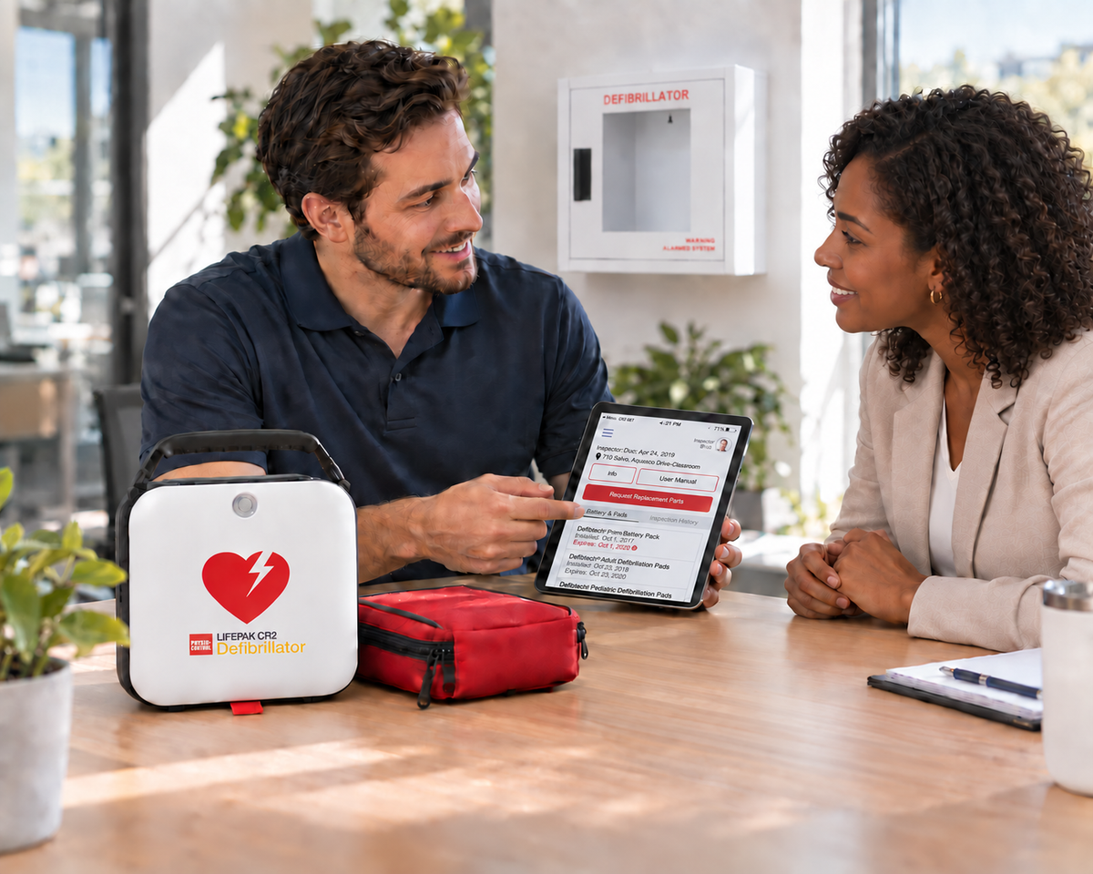Man reviewing AED365 dashboard with a customer on a tablet. LIFEPAK CR2 on the table with a rescue kit and an AED cabinet in the background of the office.