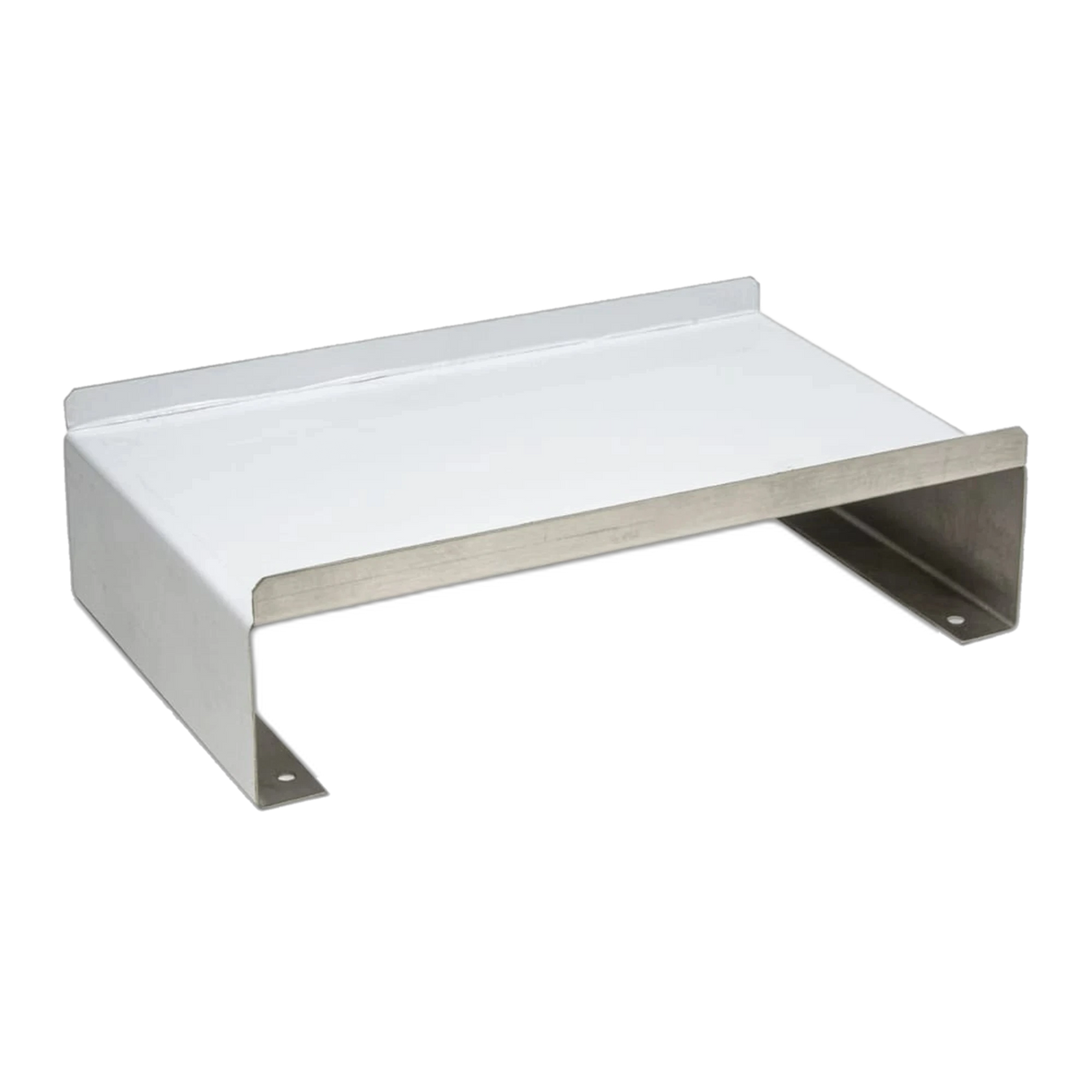 AED wall cabinet riser shelf, white and stainless steel shelf insert, angled view