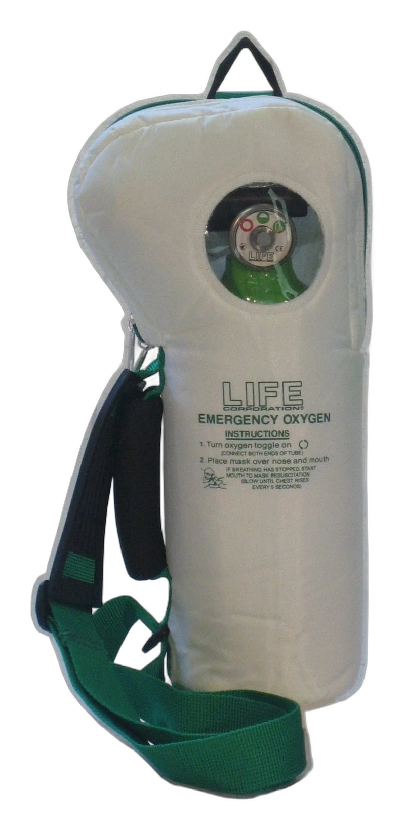 LIFE AED Companion emergency oxygen soft pack with gauge window and green strap