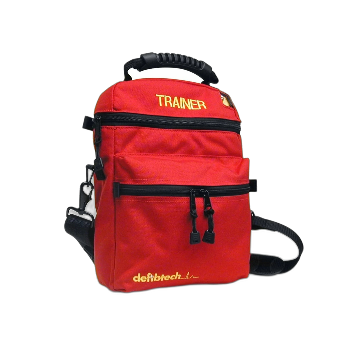 Red Defibtech soft carrying case labeled Trainer with shoulder strap