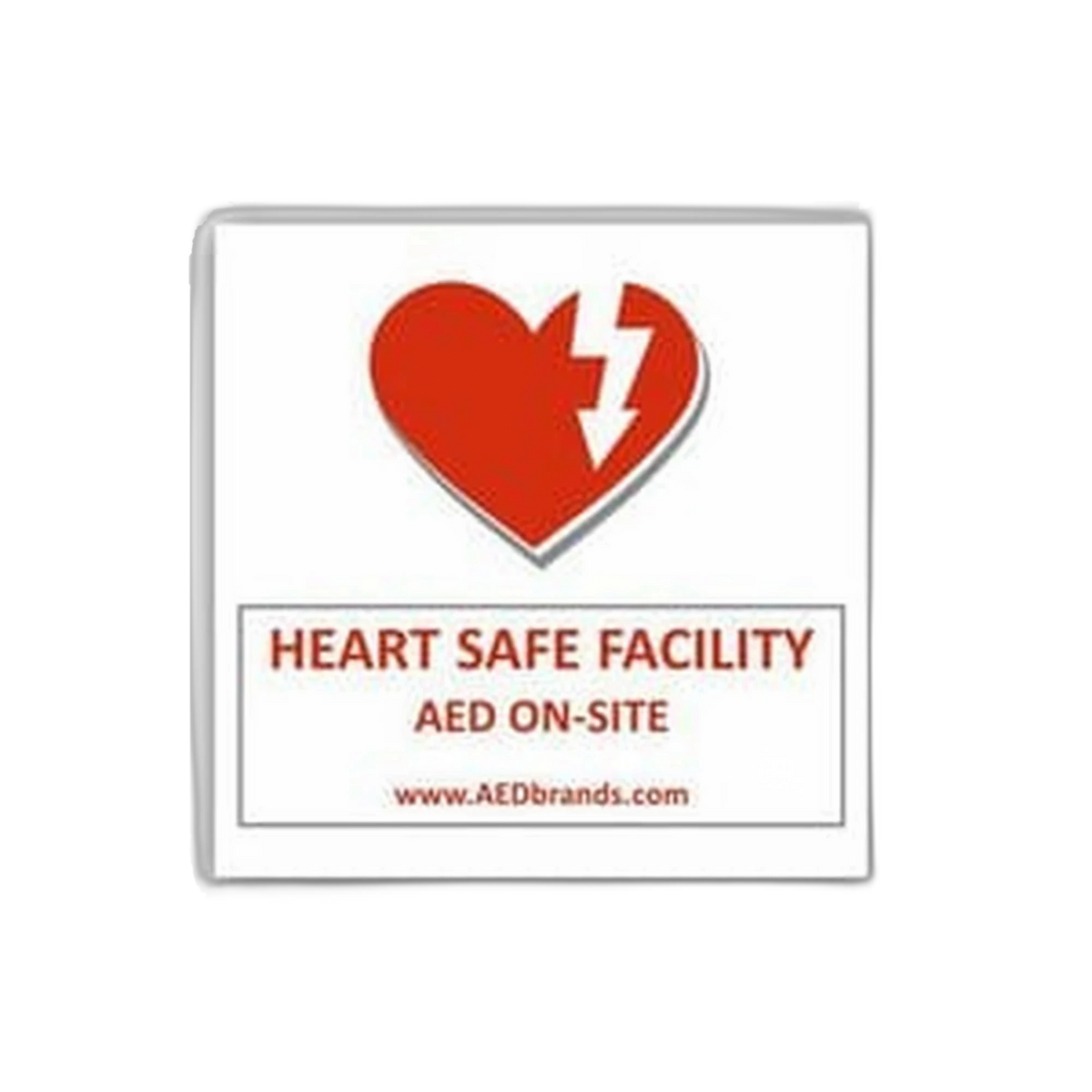 AED window static cling decal, white square with a red heart and lightning-bolt icon above Heart Safe Facility, AED On-Site, and www.AEDbrands.com text