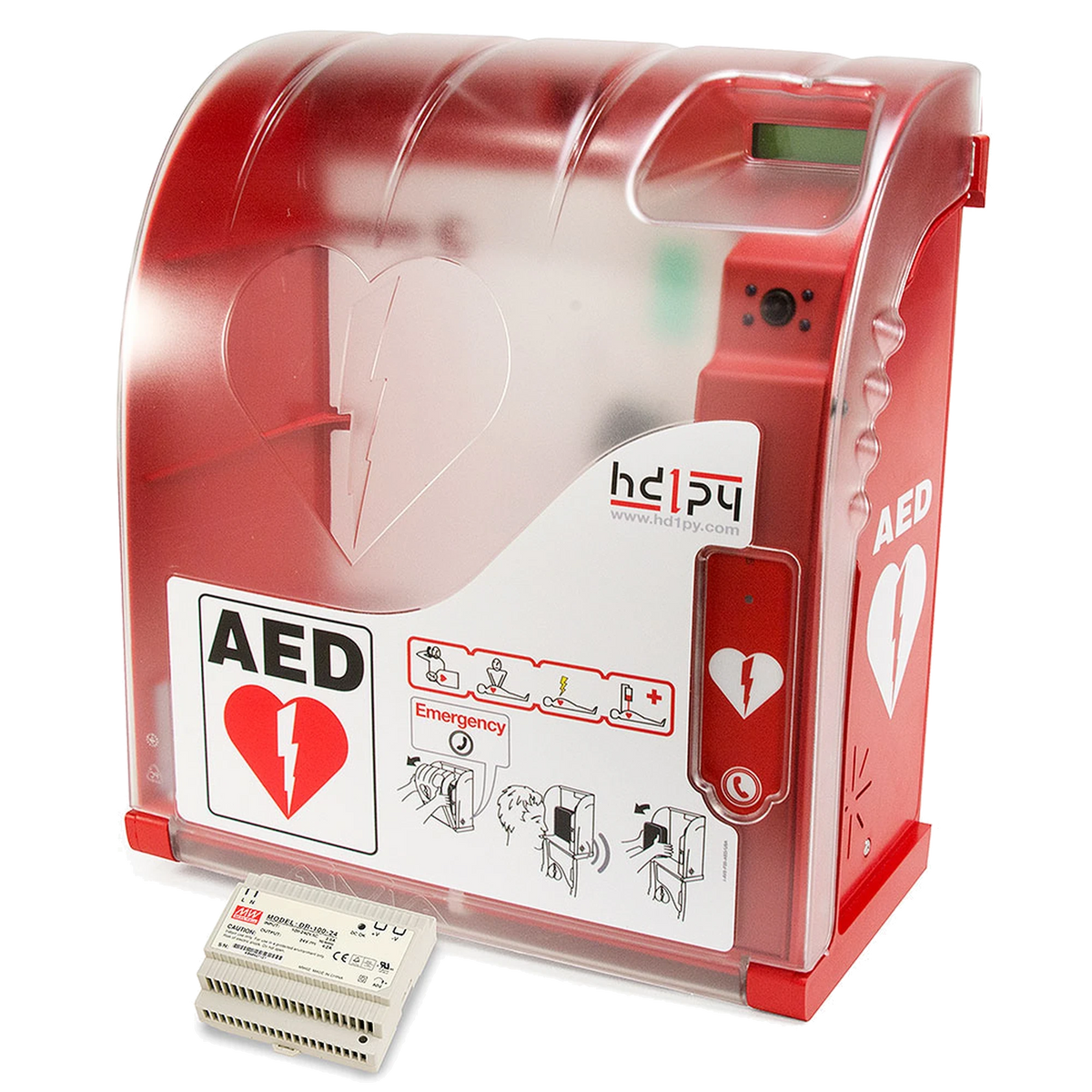 AIVIA 200 heated outdoor AED cabinet, red enclosure with clear door printed AED and heart/lightning-bolt logo, hd1py brand plate, camera, and included DIN-rail power supply shown below
