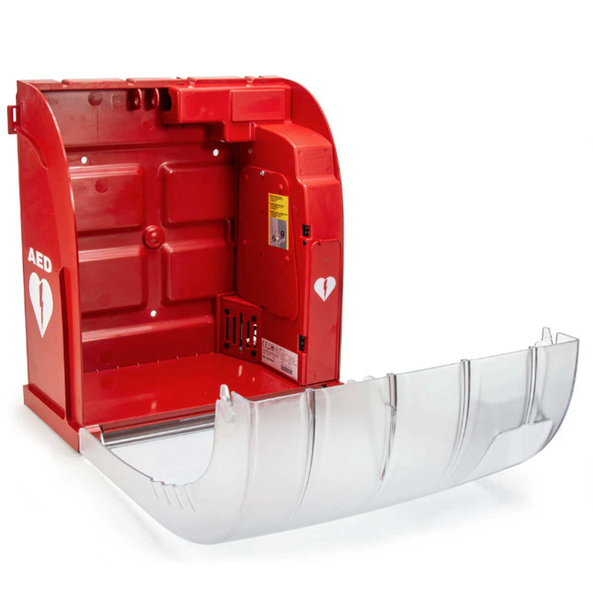 AIVIA 200 heated outdoor AED cabinet with the clear door open, showing the empty red interior, mounting holes, vent, and hinge hardware