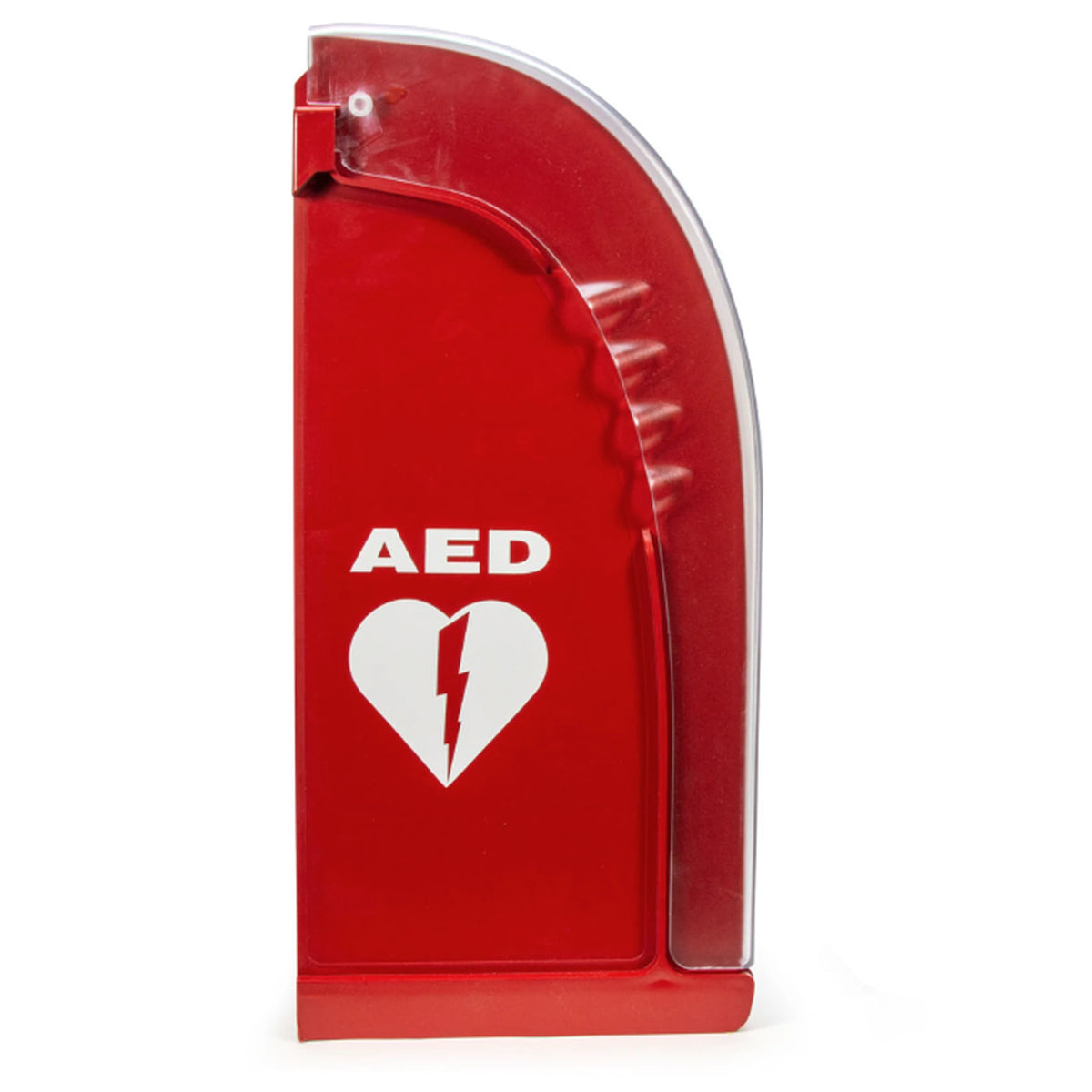 AIVIA 200 heated outdoor AED cabinet, angled side view of the red enclosure with clear door and AED heart/lightning-bolt logo