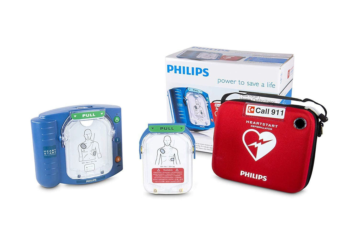 Philips HeartStart Home Defibrillator kit with case, pads, battery, and owner's manual