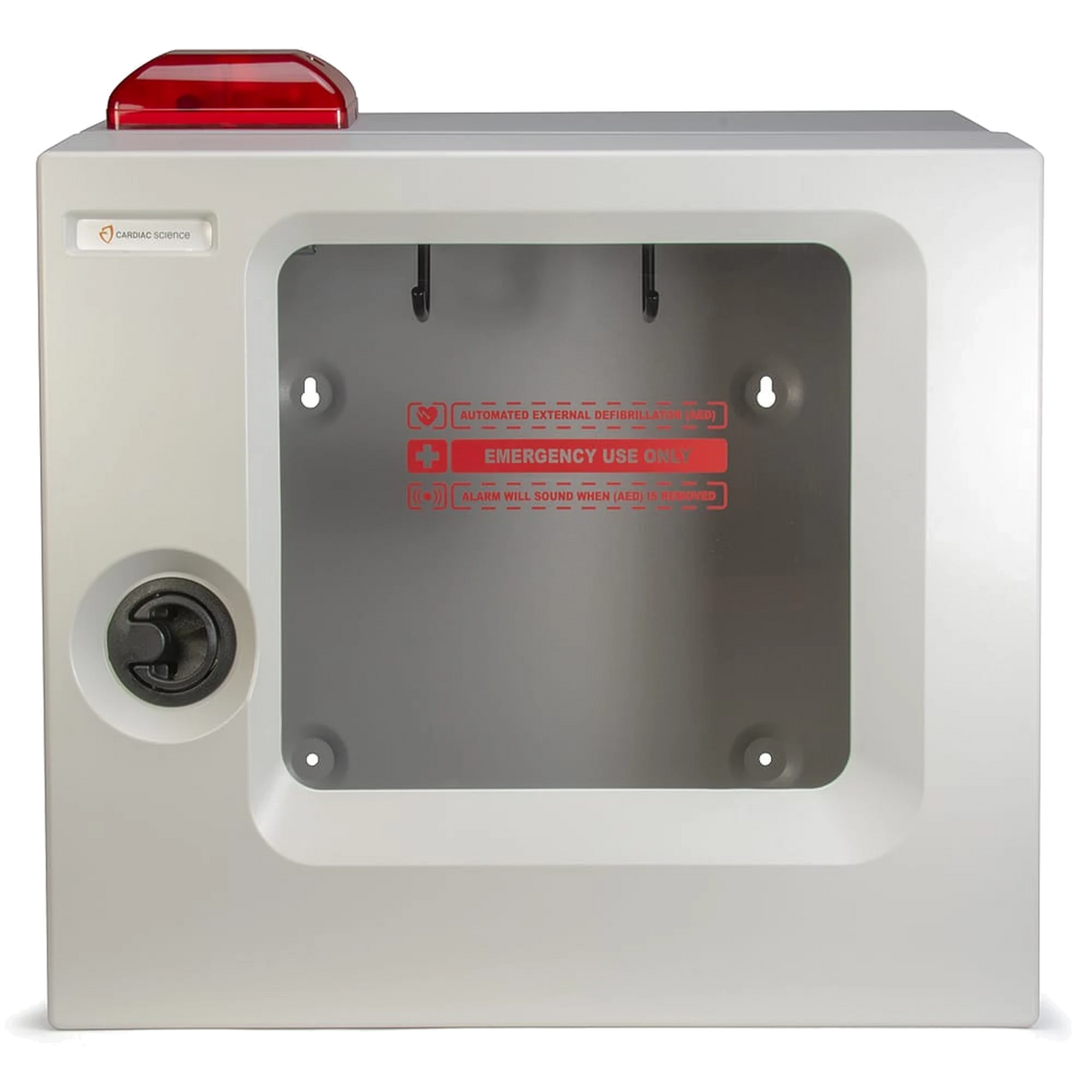 Cardiac Science AED cabinet with plastic front, gray cabinet with red strobe light, round latch, and clear window