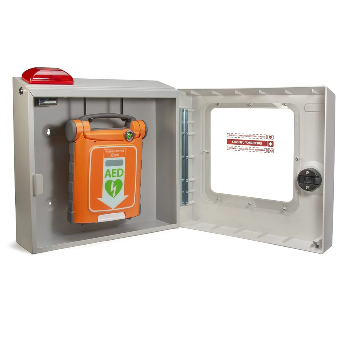 Cardiac Science AED cabinet with plastic front, door open with an orange Powerheart AED mounted inside