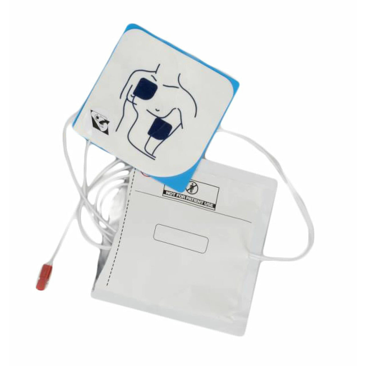 Cardiac Science AED training pads removed from packaging, blue-bordered electrode pad with torso placement diagram, connected by white wire to a red training connector, shown beside the opened foil pouch labeled "NOT FOR PATIENT USE"