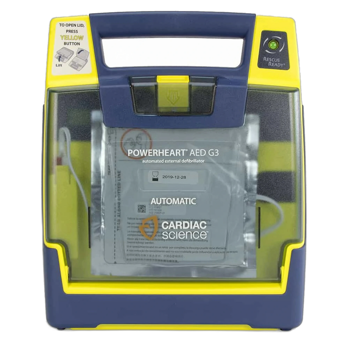Cardiac Science Powerheart AED G3 with lid open showing the pads cartridge