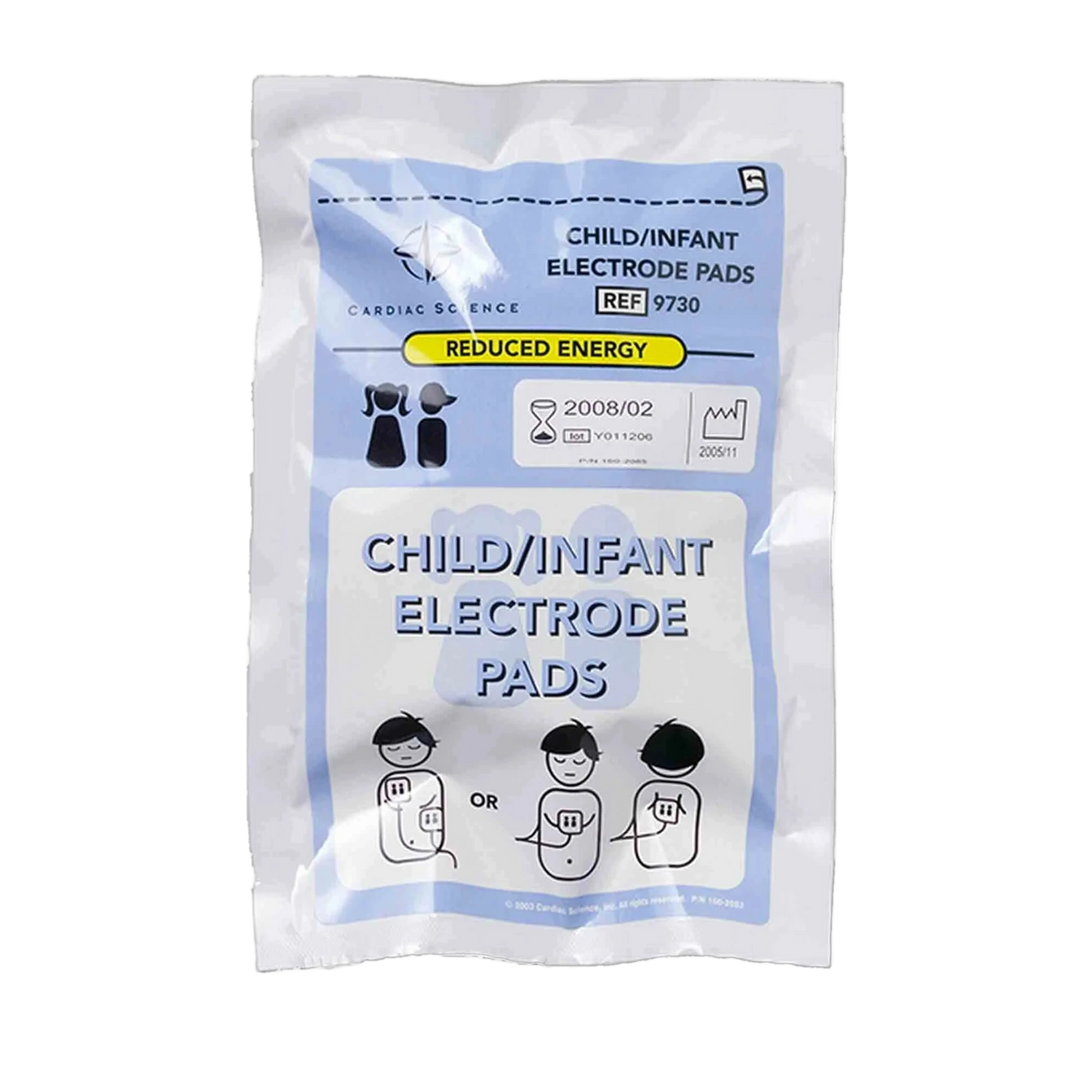 Cardiac Science Child/Infant Electrode Pads package (REF 9730), sealed foil pouch labeled "Reduced Energy" with child and infant icons and pad placement diagrams