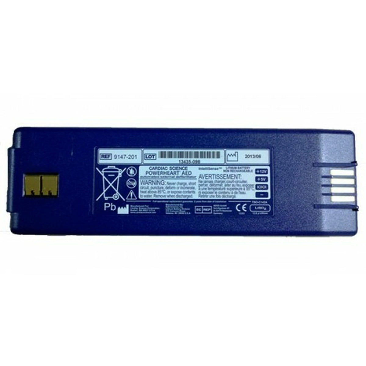Cardiac Science Powerheart AED IntelliSense Lithium Battery label, REF 9147-201, flat straight-on view of the printed warning and specification label