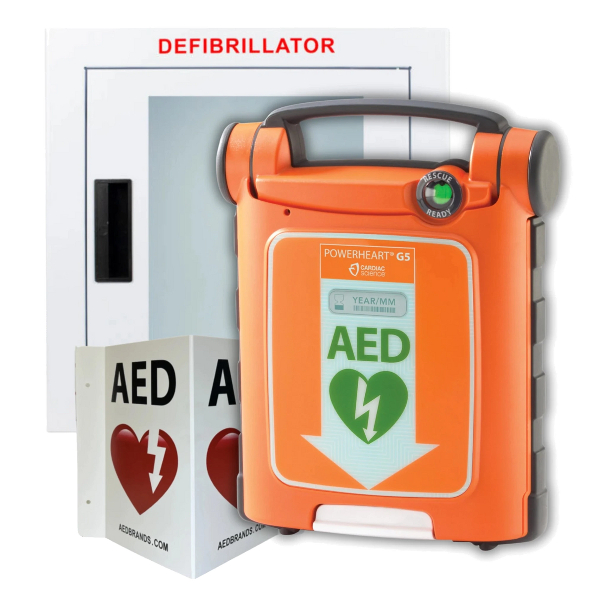 Cardiac Science Powerheart G5 AED value package, orange G5 defibrillator in front of a wall-mounted Defibrillator cabinet, AED wall sign, and inspection tag