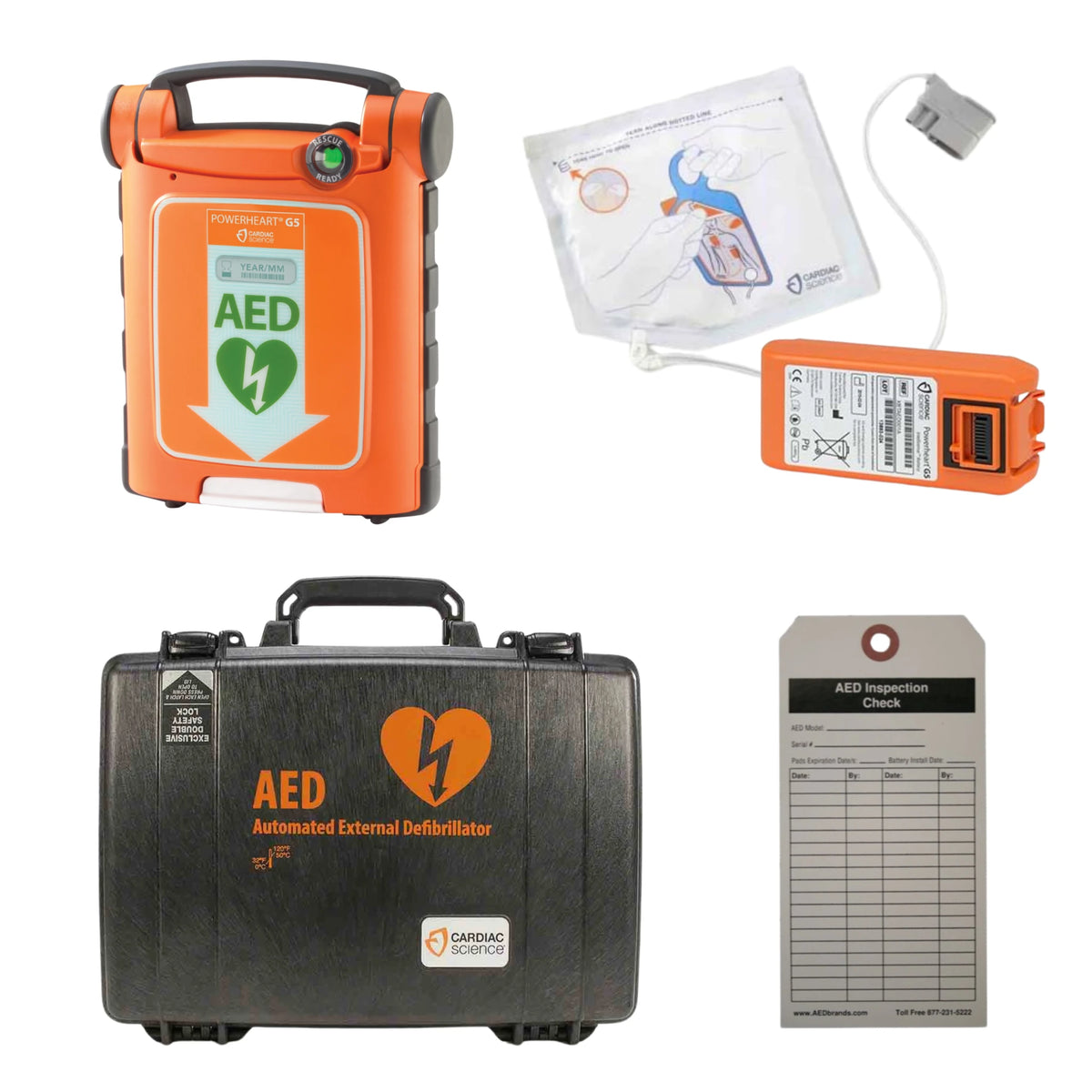 Cardiac Science Powerheart G5 AED value package contents grid: G5 defibrillator, adult electrode pad cartridge with battery, hard carrying case, wall cabinet, and AED inspection tag