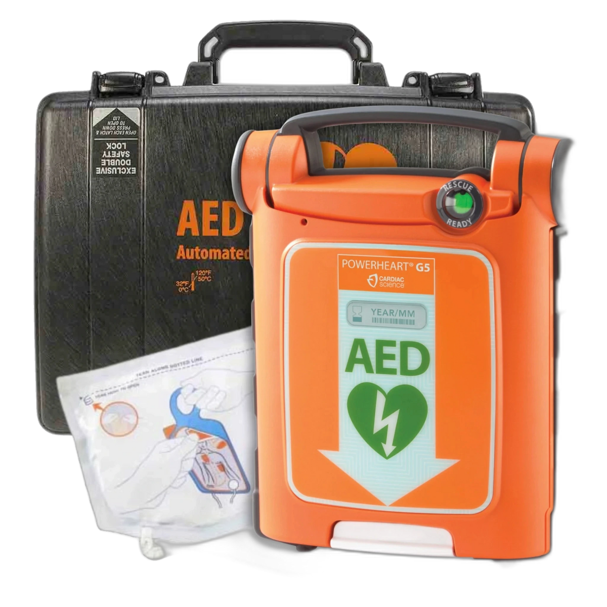 Cardiac Science Powerheart G5 AED value package, orange G5 defibrillator with hard carrying case and adult electrode pad cartridge