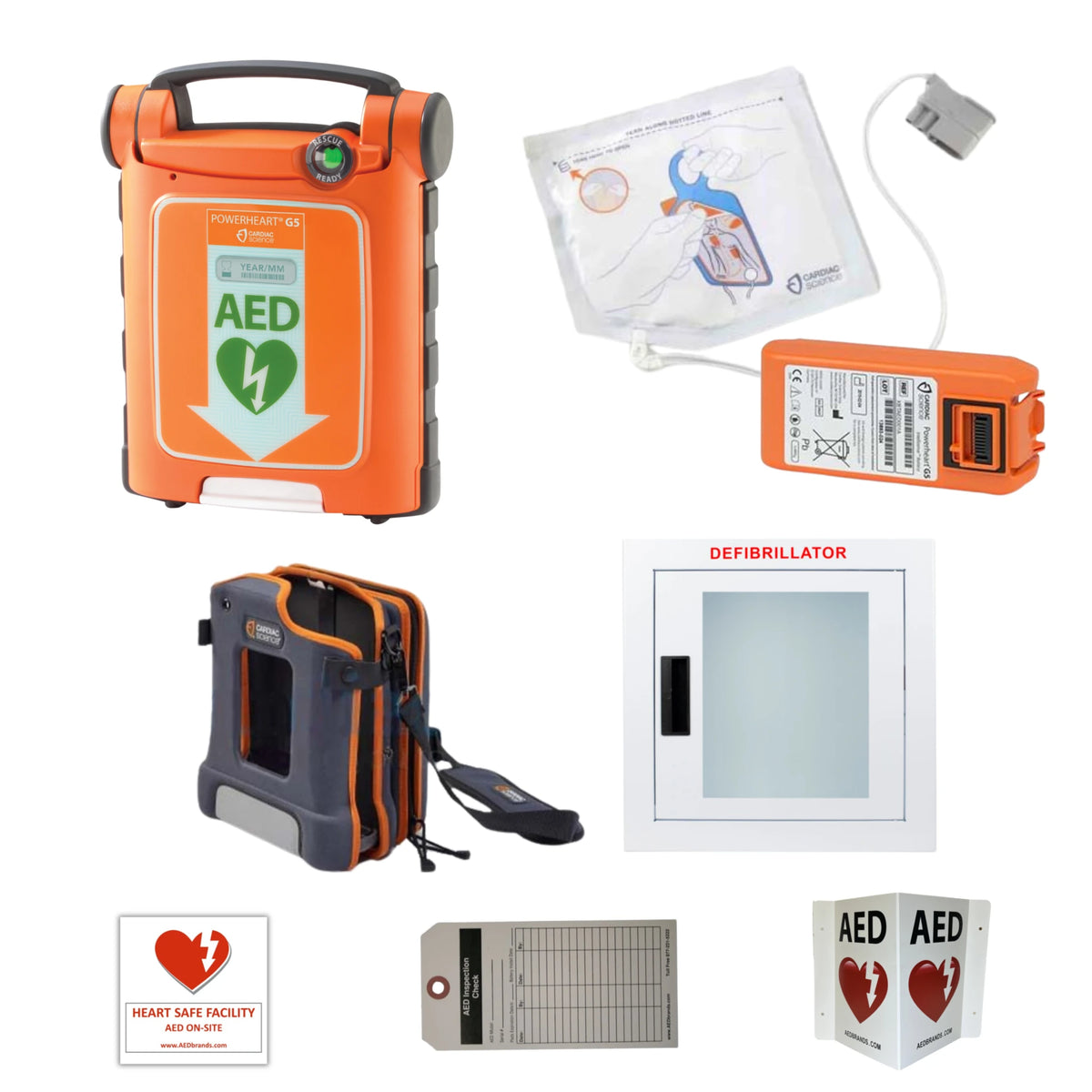 Cardiac Science Powerheart G5 AED value package contents grid: G5 defibrillator, adult electrode pad cartridge, battery, carrying case, wall cabinet, Heart Safe Facility decal, inspection tag, and AED wall sign